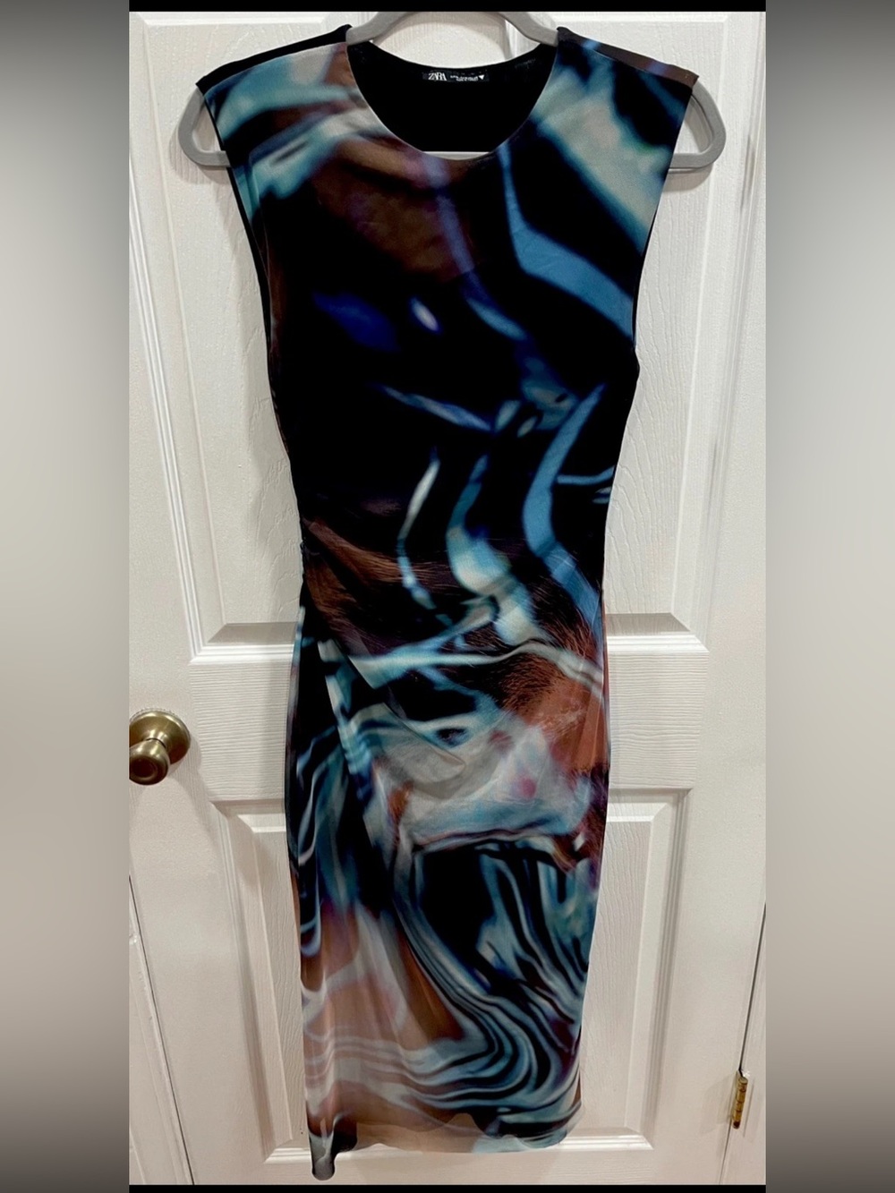 Zara Printed Ruched Midi Dress Medium Blue Brown Abstract Bodycon Sleeveless